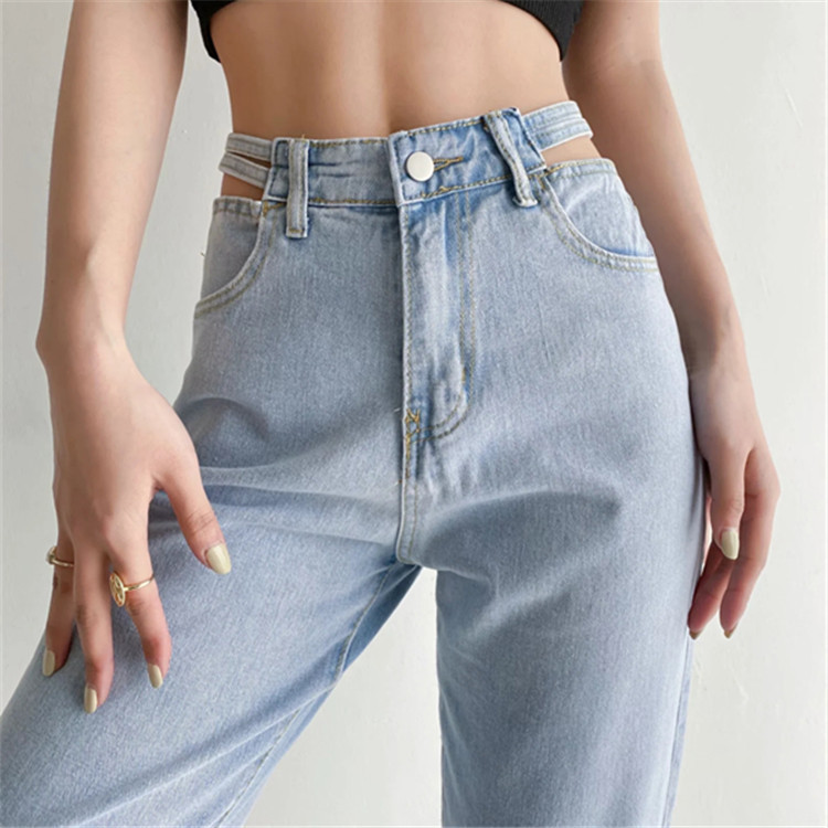 Korean Women's Hollow-waist Jeans Women's Casual Loose Straight Wide-leg Trousers Mopping Pants