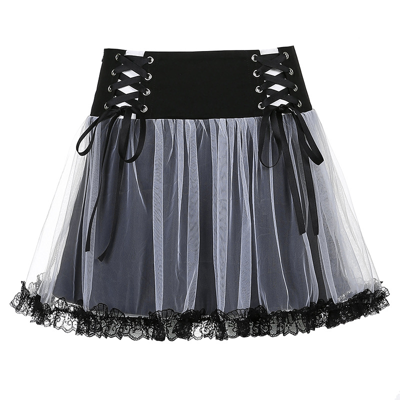 New Lace Up Black And White Contrast Color Mesh Stitching High Waist Skirt White - Shop at LoveMi