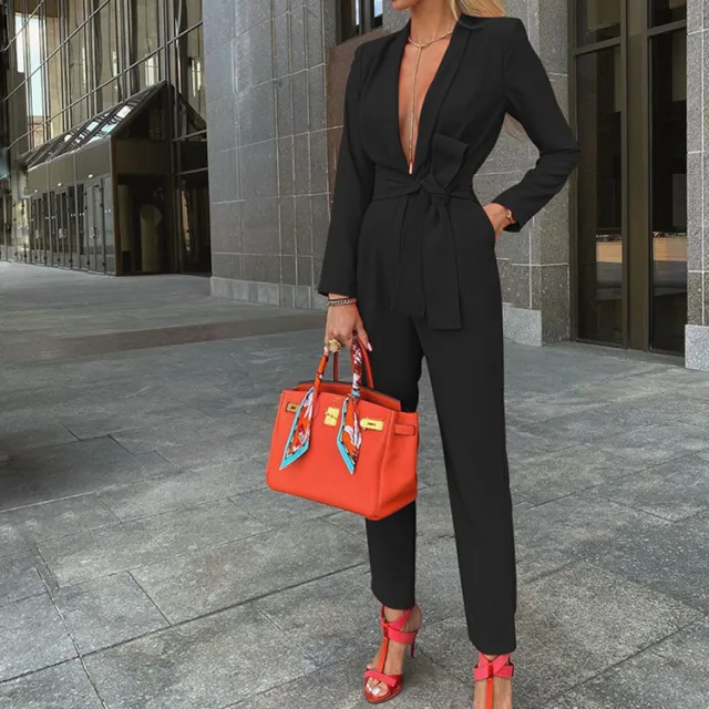 Women's Sexy Fashion Solid Color Tie Deep V Jumpsuit Black - Shop at LoveMi