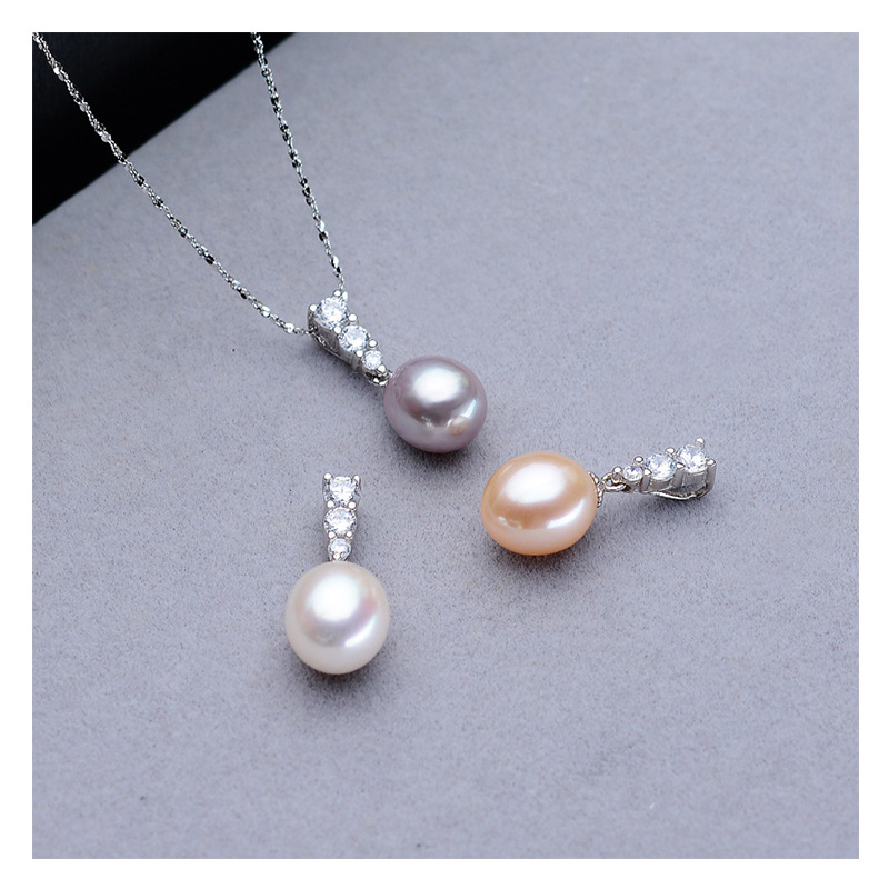 Jewelry Freshwater Pearl Necklace Female Simple Fashion 925 Silver Pearl Pendant Rice-shaped Bright Pearl