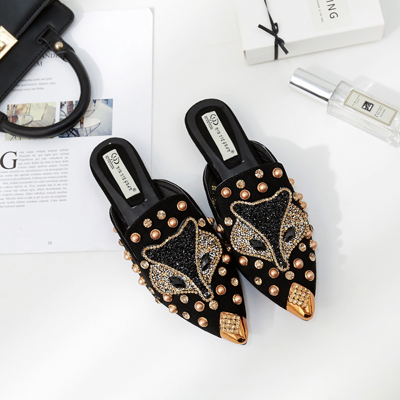 Studded Rhinestone Pointed Comfortable Flat Heel Baotou Half Slippers Women