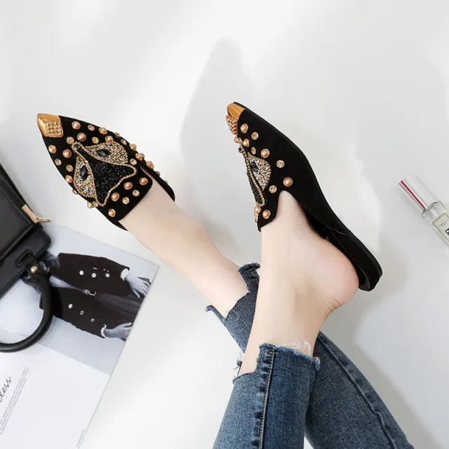 Studded Rhinestone Pointed Comfortable Flat Heel Baotou Half Slippers Women Black - Shop at LoveMi