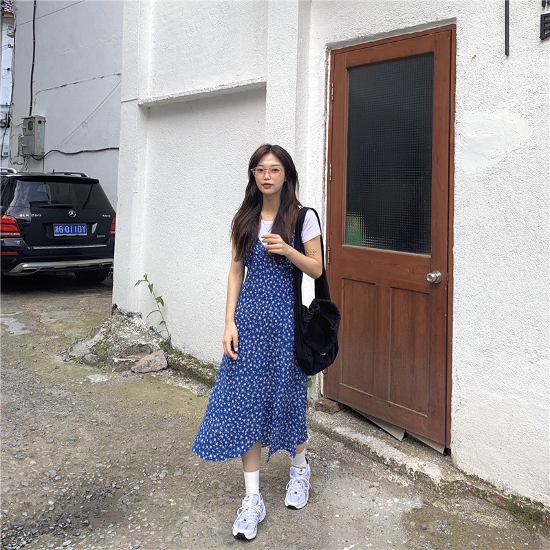 Pphome Blue Dot By Dot  Simple Versatile T-Shirt And  Resort Royal Blue Split Flower Suspender Dress