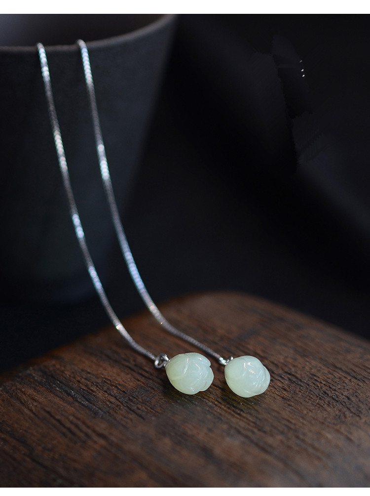 S925 Sterling White Fungus Line Female Hetian Jade Retro Style Earrings Lotus Flower Magnolia Earrings Earrings Exquisite Super Fairy Long