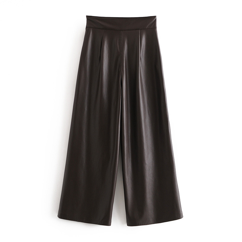 Fashion Women's Solid Color PU Elastic High Waist Wide Leg Pants