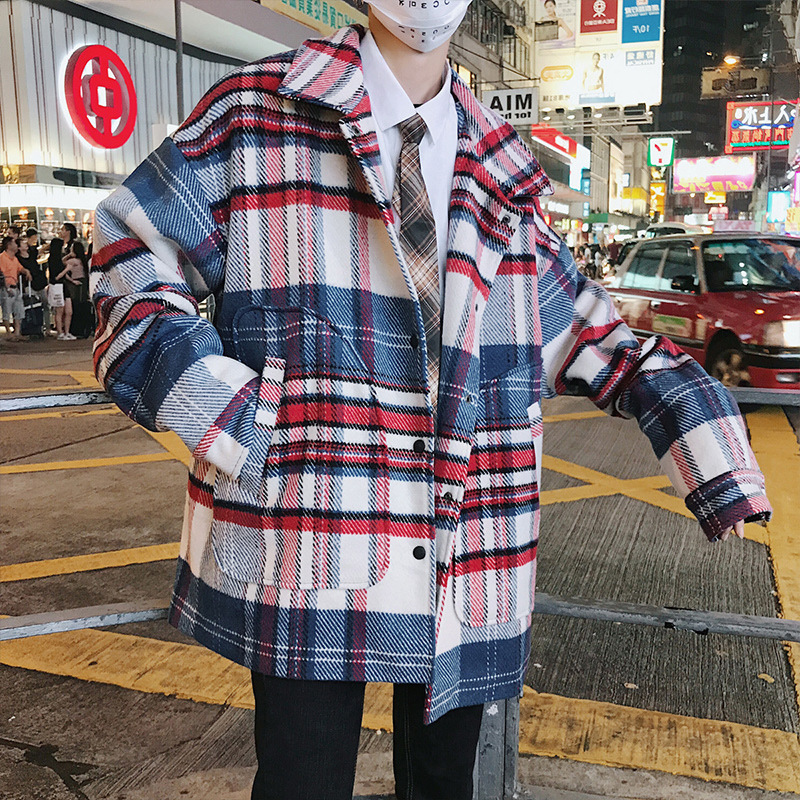 Men's Autumn And Winter Plaid Trench Coat Loose Woolen Coat