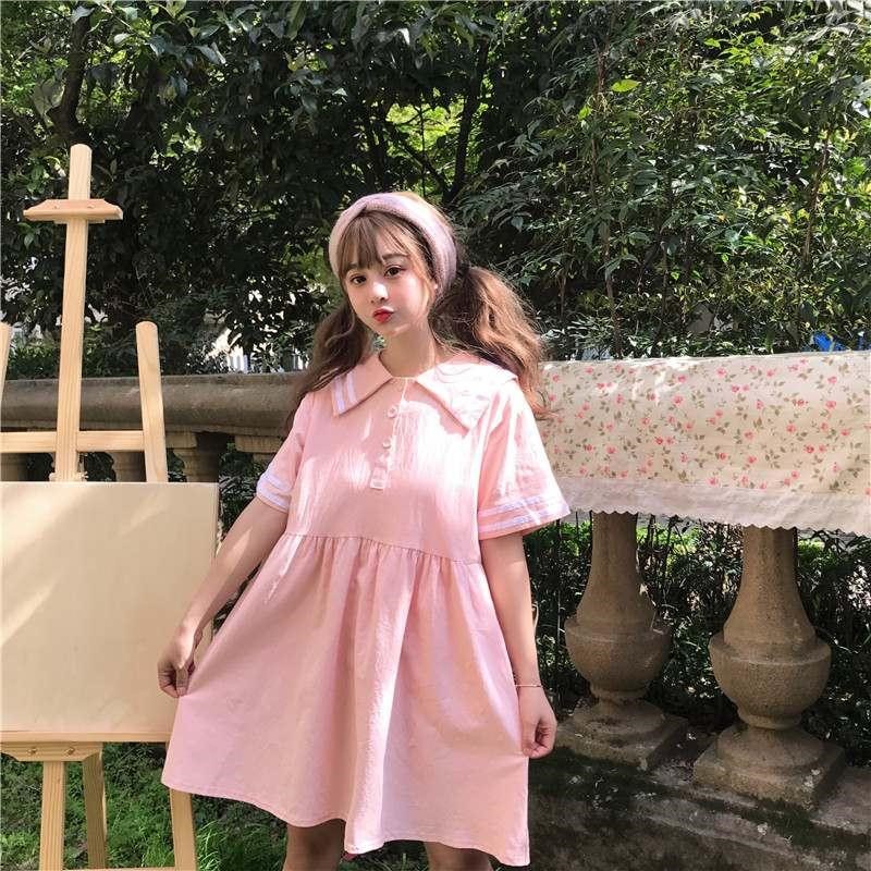 Korean Version Of Navy Collar Baby Dress Loose High Waist All-Match Slim Short-Sleeved Dress
