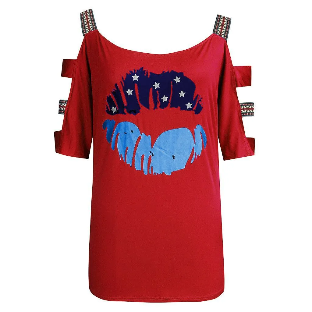 European And American Printed T-shirt Off Shoulder Sling Sleeve Top - Red