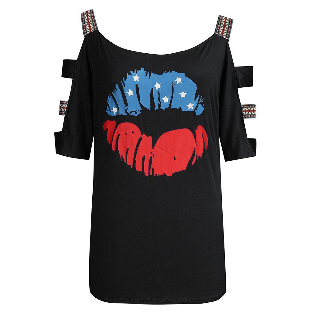 European And American Printed T-shirt Off Shoulder Sling Sleeve Top