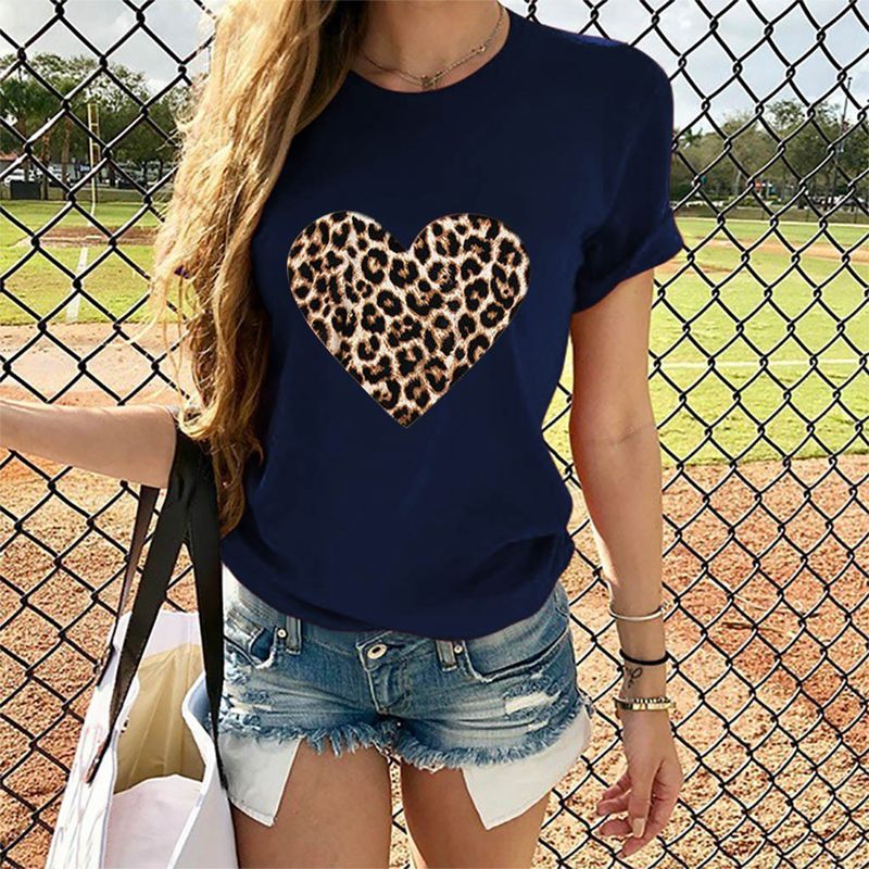 Cross-border Exclusively For Amazon Hot-selling Hot-selling Ladies Tops Leopard Print Love Round Neck Short-sleeved T-shirt