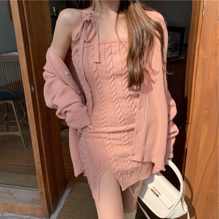 Spring And Autumn New Loose Ripped Sweater Jacket Sexy Tube Top Dress Fashion