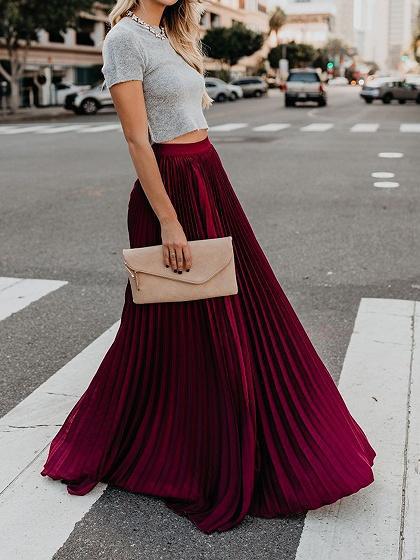 Women Fashion Casual Skirt Girls High Waist Long Skirts Wine - Shop at LoveMi