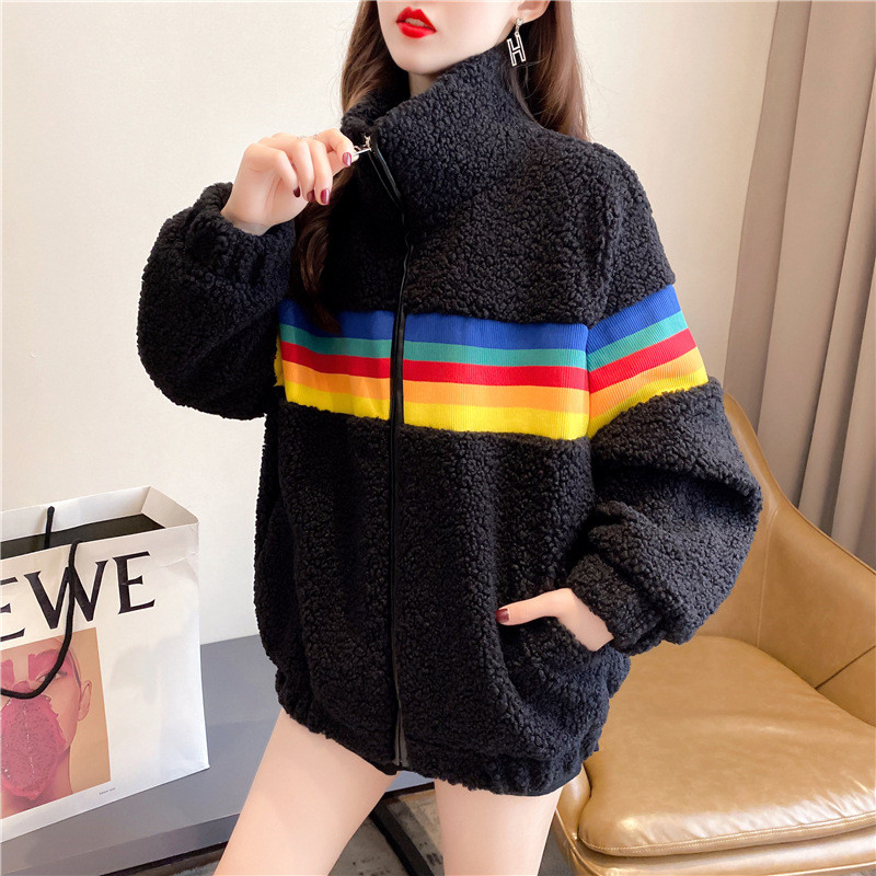 Loose Short Plush Fleece Coat Rainbow Lamb Wool Coat