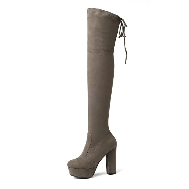Platform Super High Thick Heel High Tube Elastic Women'S Shoes Khaki - Shop at LoveMi
