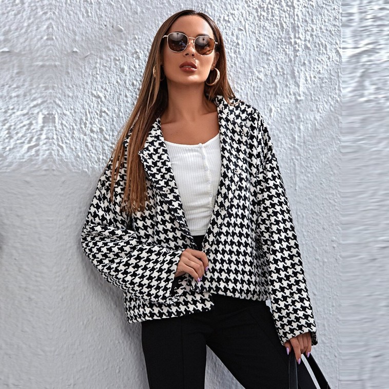 Autumn And Winter Plus Size Women's Houndstooth Loose Casual Jacket