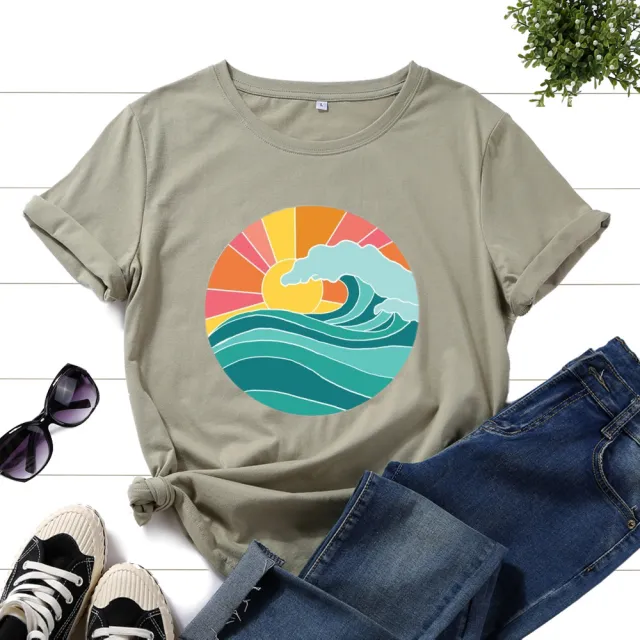 Plus Size Women's Clothing Creative Ocean Wave Pure Cotton Casual Short sleeved T shirt Dali White - Shop at LoveMi