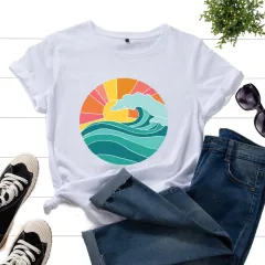 Plus Size Women's Clothing Creative Ocean Wave Pure Cotton Casual Short-sleeved T-shirt - White - View 1