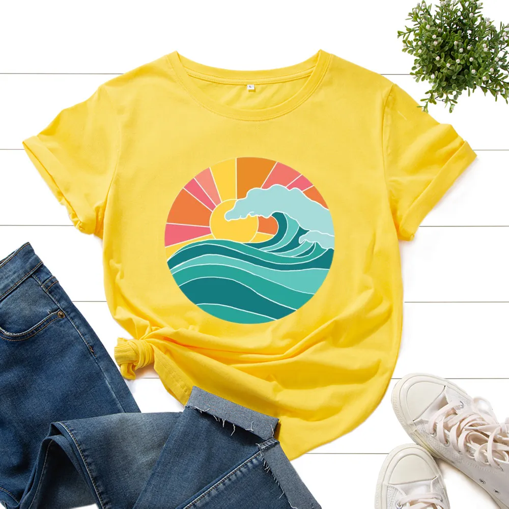 Plus Size Women's Clothing Creative Ocean Wave Pure Cotton Casual Short-sleeved T-shirt - Yellow