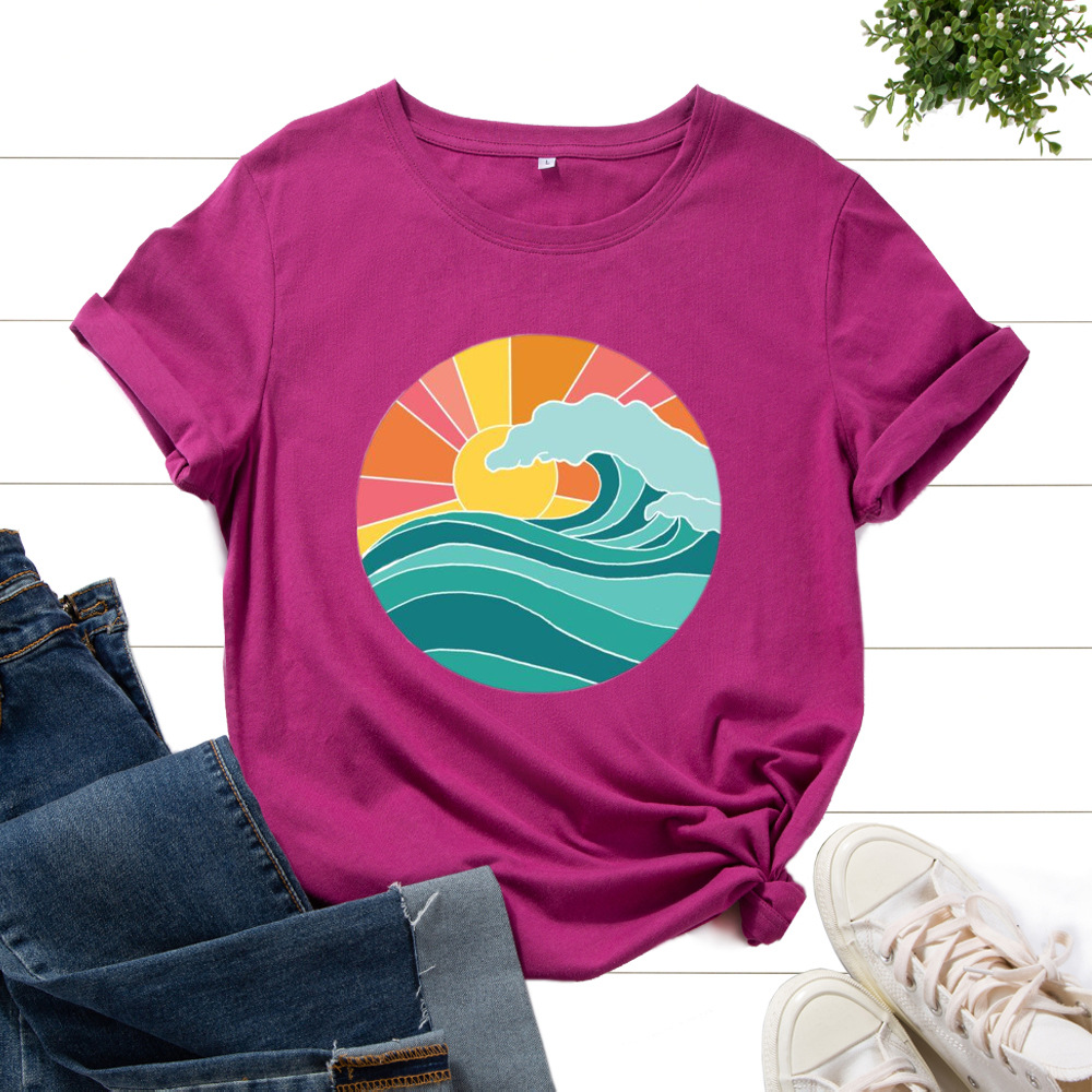 Plus Size Women's Clothing Creative Ocean Wave Pure Cotton Casual Short-sleeved T-shirt