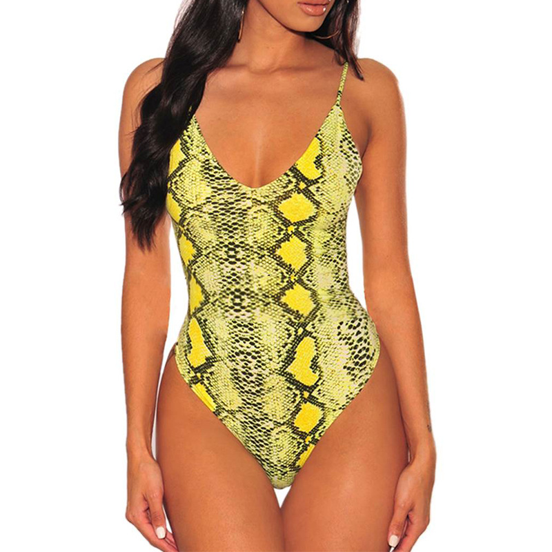 Leopard Snakeskin Print Suspender Bodysuit With Crotch Snaps Yellow - Shop at LoveMi