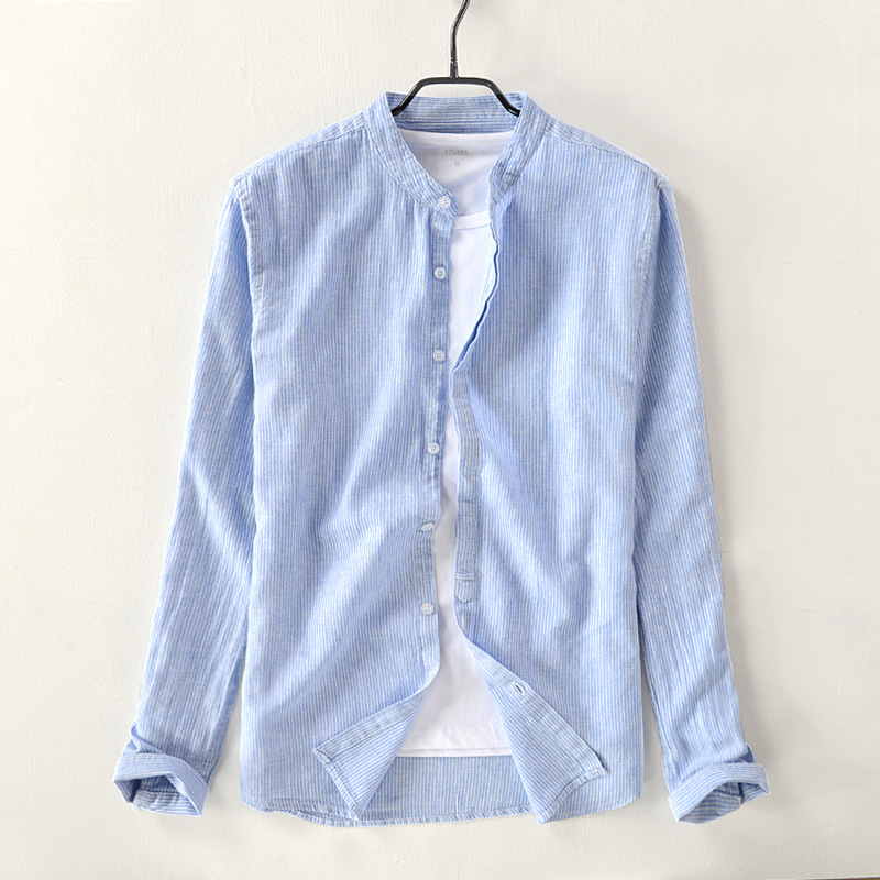 Long-sleeved Cotton And Linen Stand-collar Casual Shirt