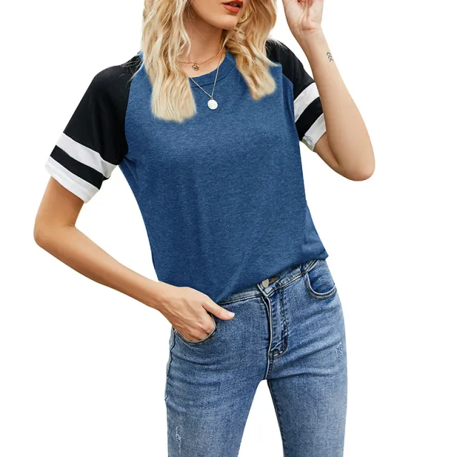 European And American Loose Women'S Short Sleeved Shirts Round Neck Color Blocking Casual Tops Sports T Shirts Blue - Shop at LoveMi