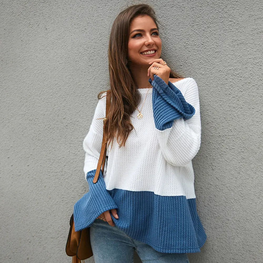 Women's Contrast Stitching Long Sleeved Loose Knit Sweater