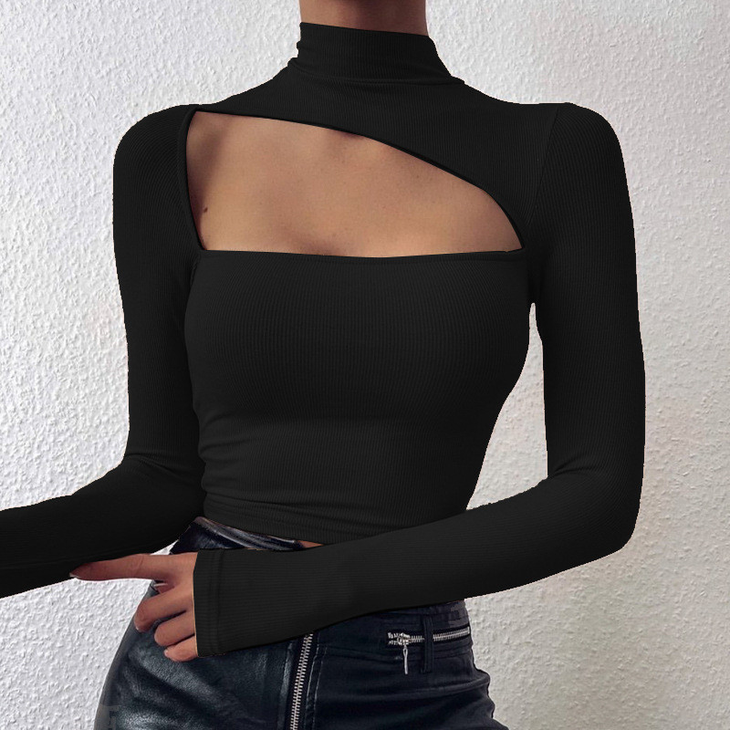 Women's Sexy Navel High Collar Solid Color Hollow Bottoming Long Sleeves