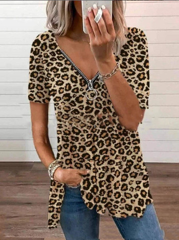 Fashion Slim Pullover Leopard Print V Neck Short Sleeved Blouse Women Brown - Shop at LoveMi