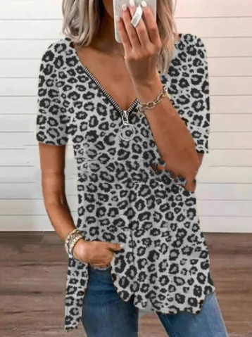 Fashion Slim Pullover Leopard Print V Neck Short Sleeved Blouse Women White - Shop at LoveMi