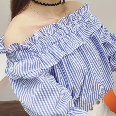 Collar Striped Shirt Han Fan Off shoulder Baby Shirt Loose Cotton And Linen Top Blue - Shop at LoveMi