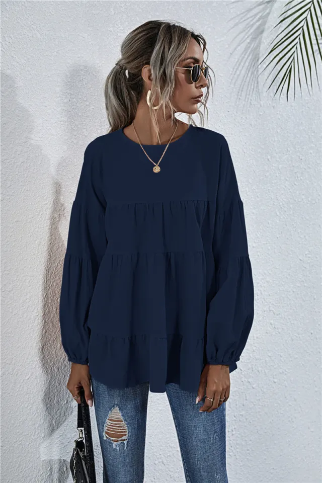 Round Neck Lantern Long sleeved Large length Loose Top Blue - Shop at LoveMi
