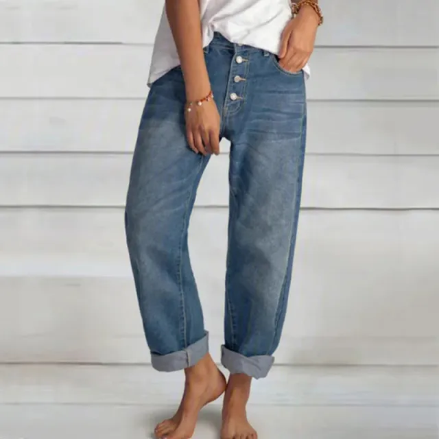 Loose Casual Simple Slim Denim Straight Leg Pants Blue - Shop at LoveMi