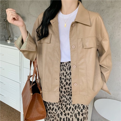 Korean Style Lapel Loose Temperament Leather Jacket