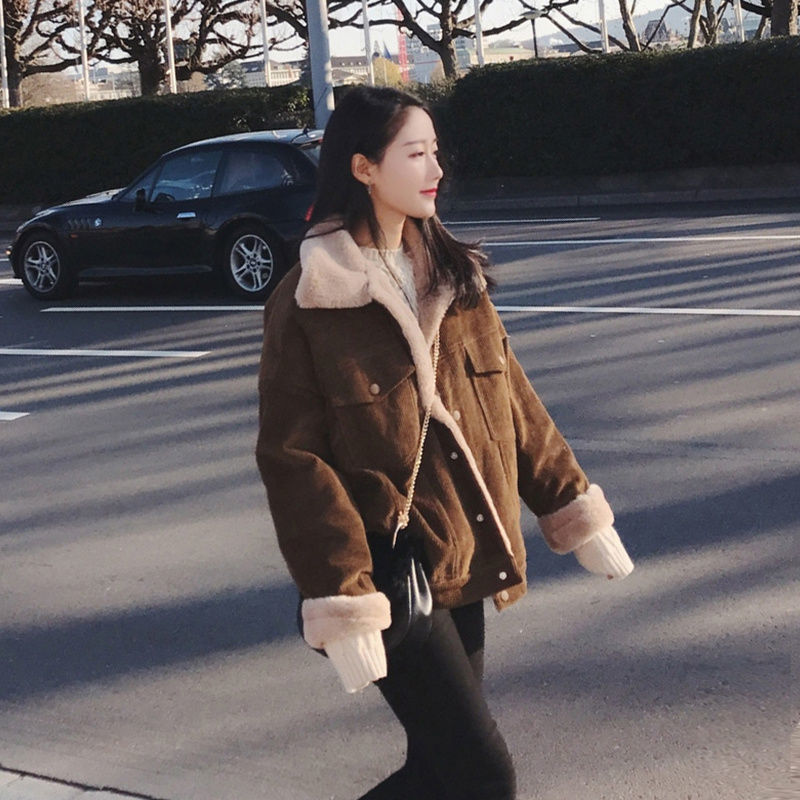 Korean Style Loose And Thin Corduroy Lamb Wool Coat Trendy