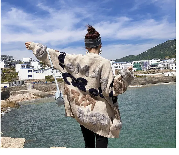 Spring And Autumn New Loose Lazy Style Sweater Coat Women's Mid-length Korean Letter Thick knitted Cardigan Tide