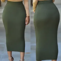 Solid Color Elastic Waist Bag Hip Tight Skirt Mid-length Skirt - Green - View 1