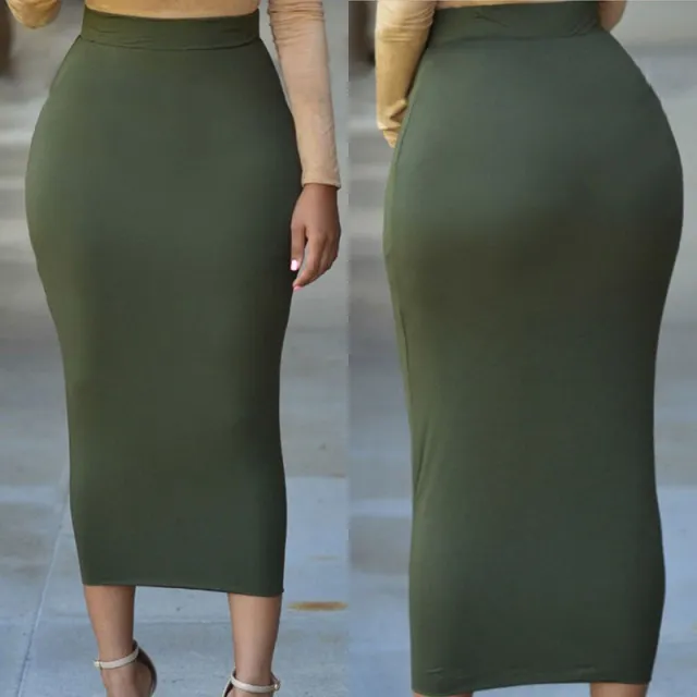 Solid Color Elastic Waist Bag Hip Tight Skirt Mid length Skirt Green - Shop at LoveMi