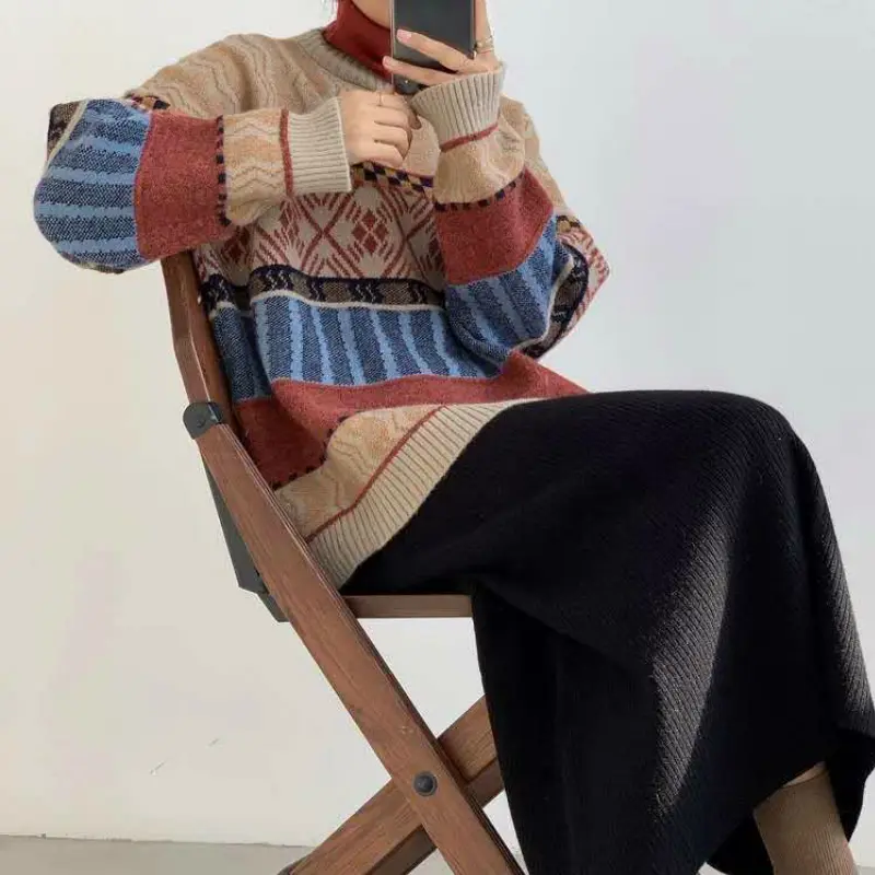 Women's New Trendy Sweater Women Winter Retro Literary Outer Wear Loose Lazy Style Jacquard Knitted Pullover