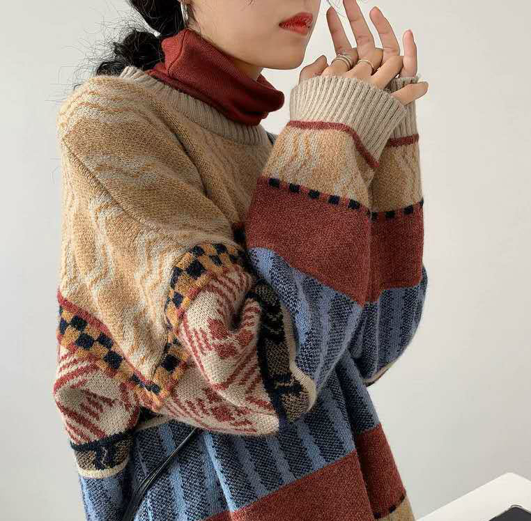 Women's New Trendy Sweater Women Winter Retro Literary Outer Wear Loose Lazy Style Jacquard Knitted Pullover