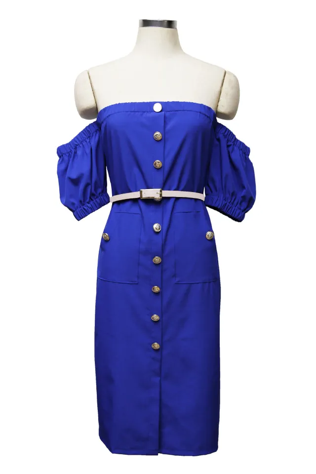 European and American sexy women's dress with one word collar and buttoned pockets short sleeves Blue - Shop at LoveMi