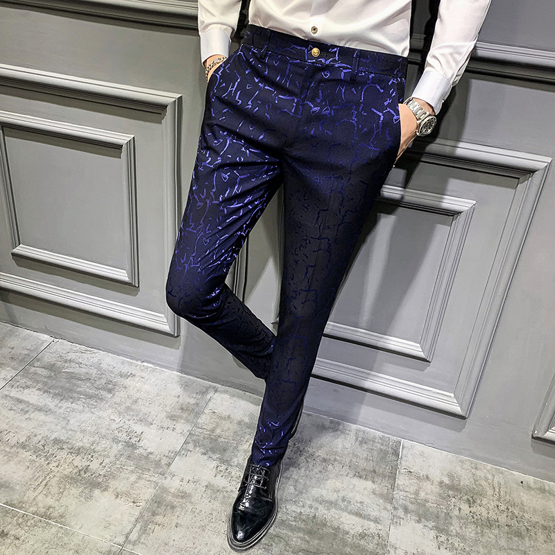 Men's Trousers Korean Style Slim Fashion Jacquard Thinning Hair Stylist Feet Pants 