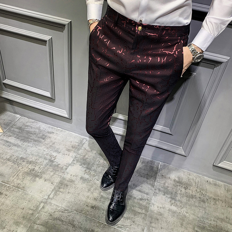 Men's Trousers Korean Style Slim Fashion Jacquard Thinning Hair Stylist Feet Pants 