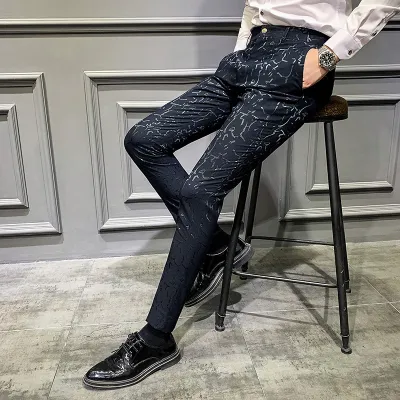 Men's Trousers Korean Style Slim Fashion Jacquard Thinning Hair Stylist Feet Pants 