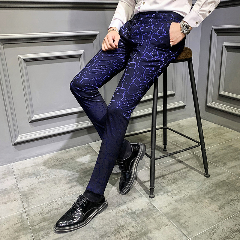 Men's Trousers Korean Style Slim Fashion Jacquard Thinning Hair Stylist Feet Pants 