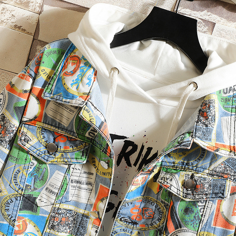 Men's Graffiti Camouflage Color Denim Jacket Plus Size