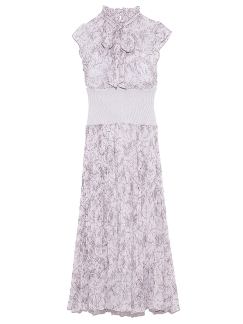 Temperament Small Flying Sleeves Printed Thread Stitching High Waist Floral Dress