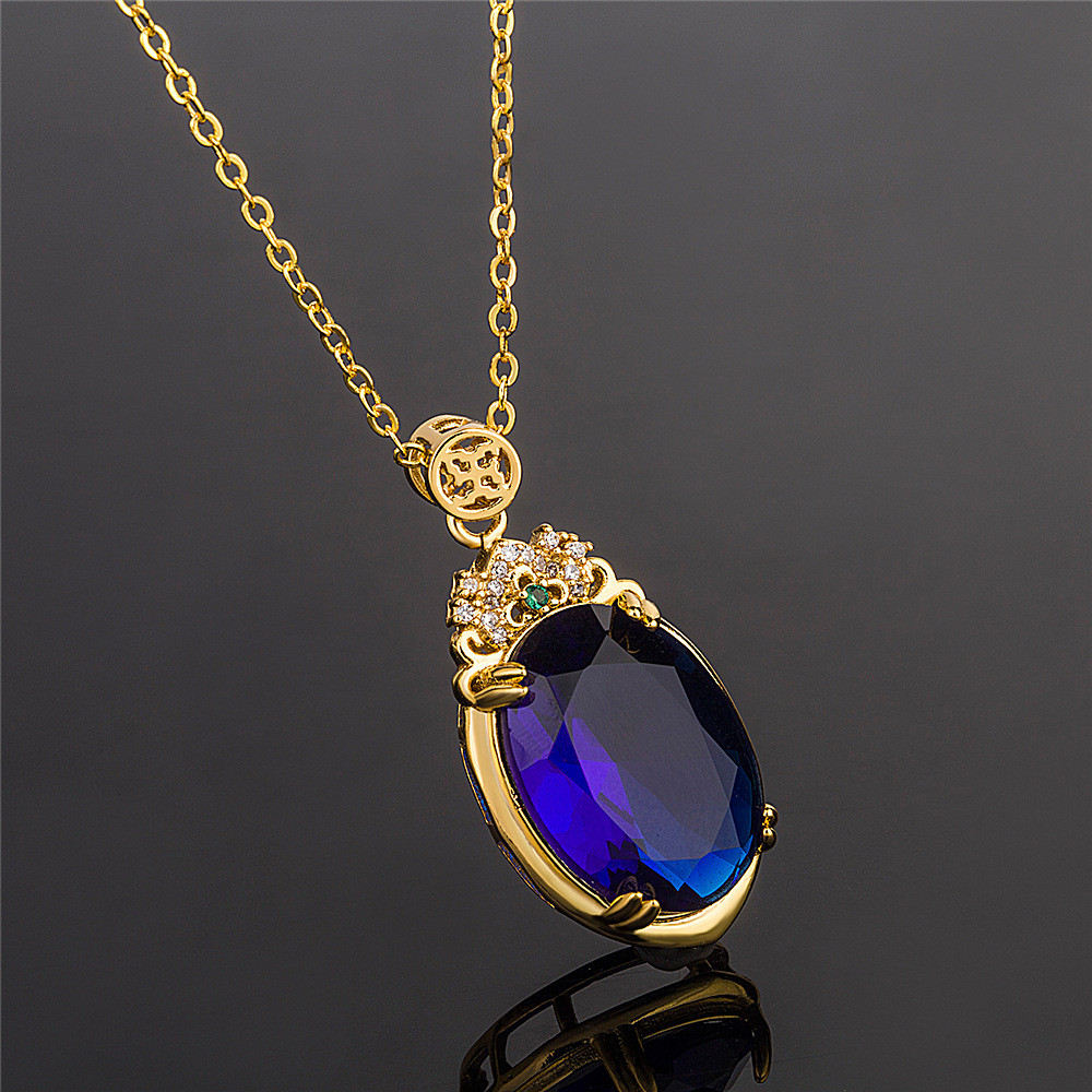 Vintage Engraved Oval Sapphire Pendant With Diamond Inlay