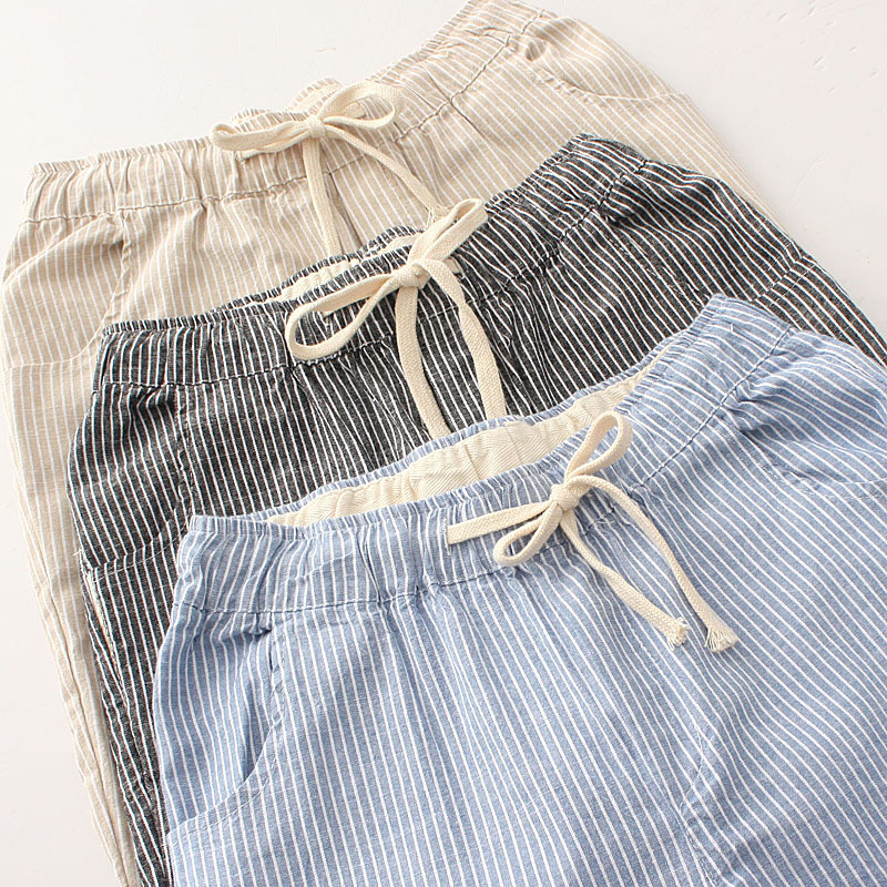 Title 3, Striped Loose Lace Up Cropped Cotton And Linen ...