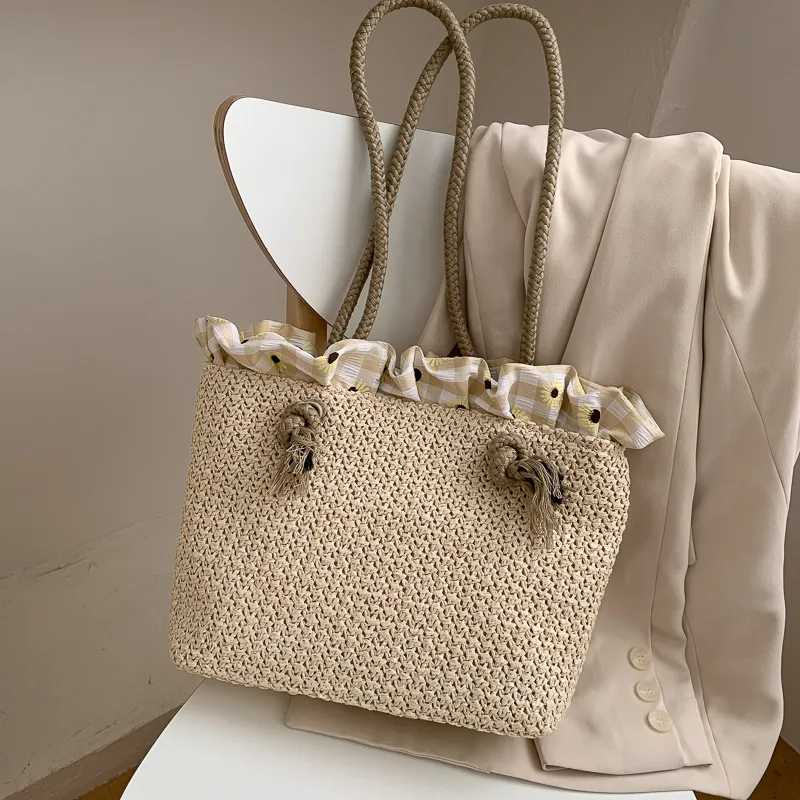Fashion Women's Summer Straw Bag Tote Shoulder Bags Large Wicker Woven HandBag Female New Braided Raffia Pouch Beach Bag - White